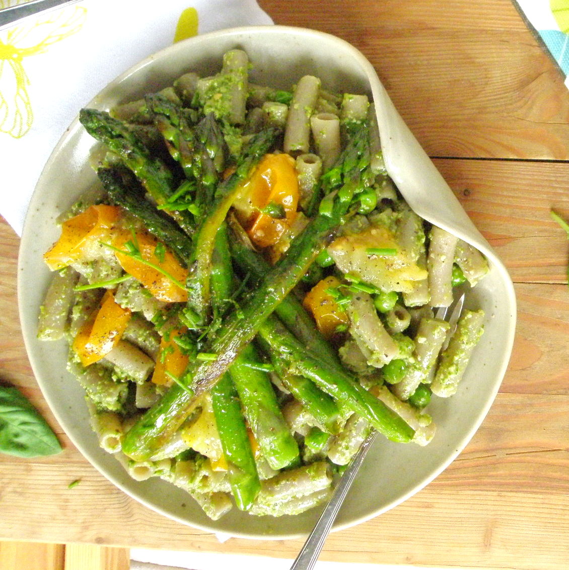 delicuteessen Hazelnut Pesto Pasta with Roasted Tomatoes and Asparagus