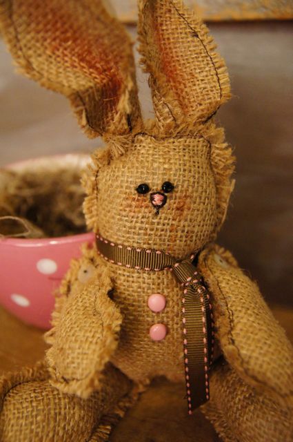 Here is a fun little Easter Bunny I made him from burlap and some stuffing