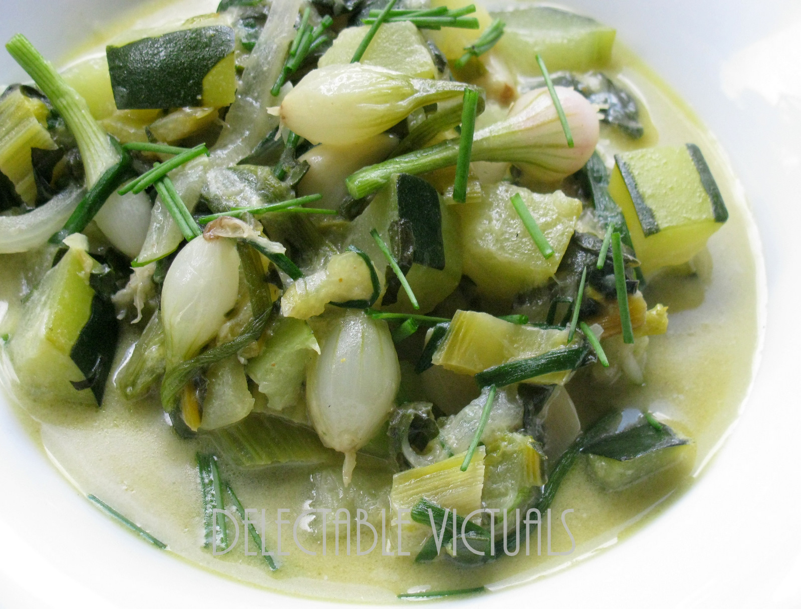 Delectable Victuals Home Garden Chards, Zucchini, Pearl Onions Soup