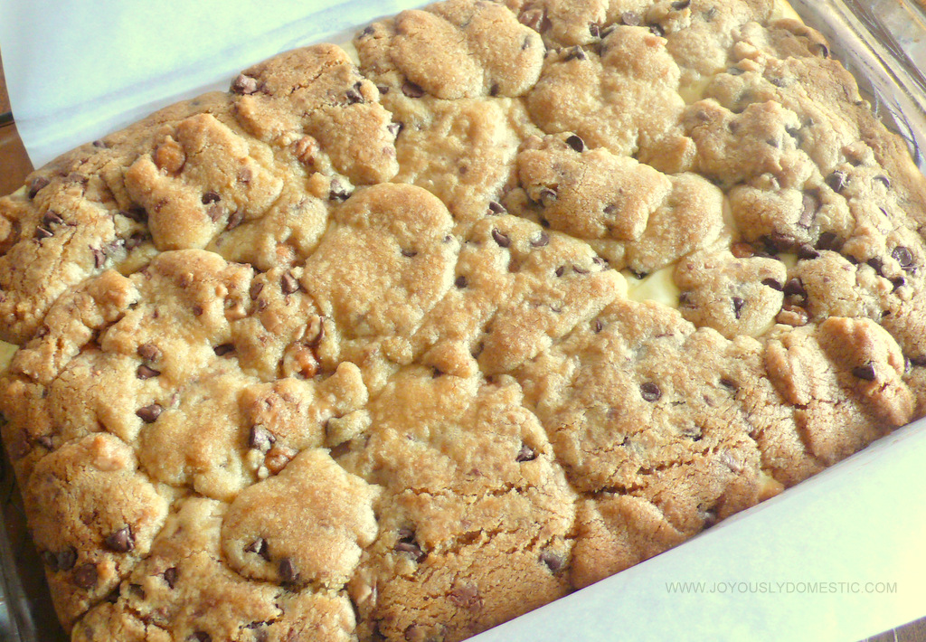Joyously Domestic Cheesecake Caramel Toffee Chocolate Chip Cookie Bars