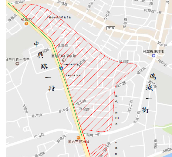 台中市政府建下水道並遷移自來水管線,今 (19) 日開始動工,附近居民(紅線區域)也要開始忍受長時間停水之苦。 台中市政府建下水道並遷移自來水管線,今 (19) 日開始動工,附近居民(紅線區域)也要開始忍受長時間停水之苦。