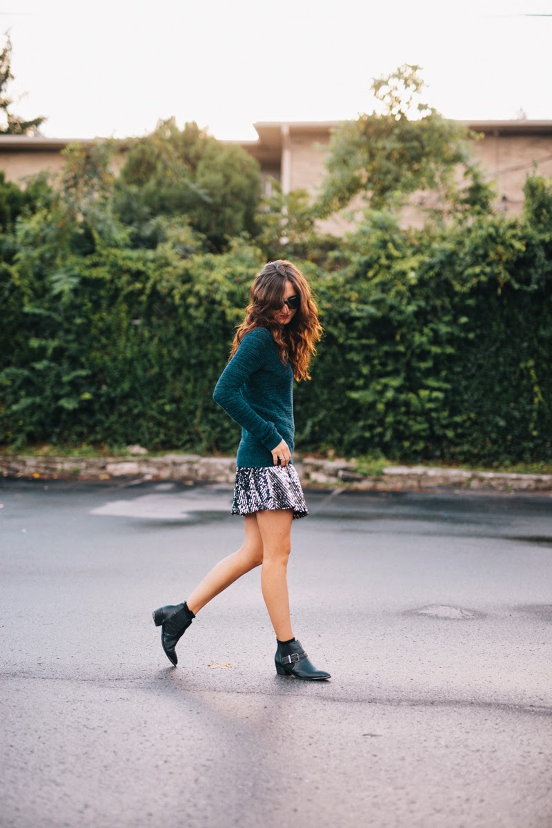 glitter skirt, sequin skirt, sparkly skirt, fall fashion, sam edelman booties, loft sweater, turquoise, fall fashion, fall style 2014