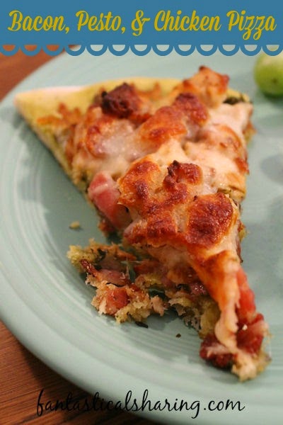 Bacon-Basil Pesto & Chicken Pizza | You won't miss the red sauce with this delicious pesto-topped pizza #bacon #pizza #pesto