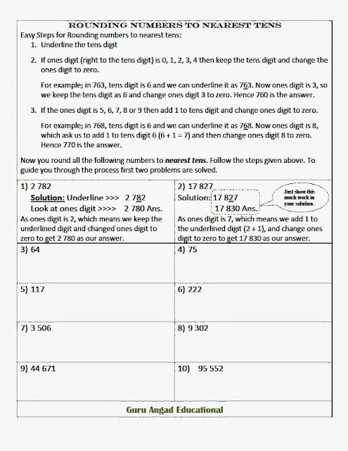 Print this page to learn rounding numbers to nearest tens. 3rd grade math standards require kids in grade 3 to know these skills.