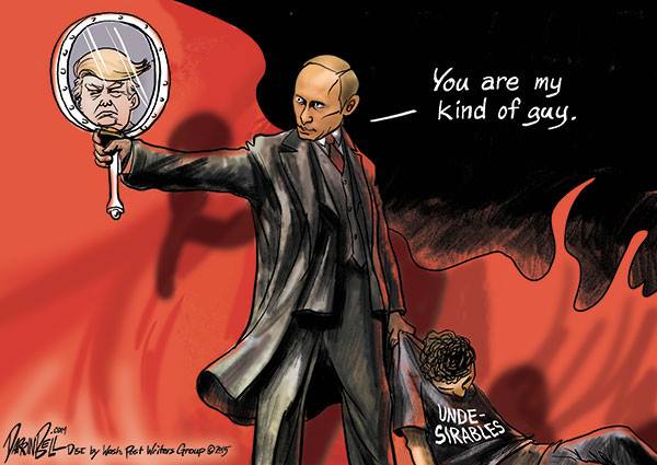 Putin, dragging crumpled body labeled 