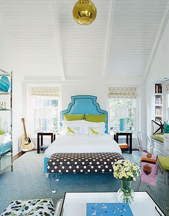 white and turquoise bedroom