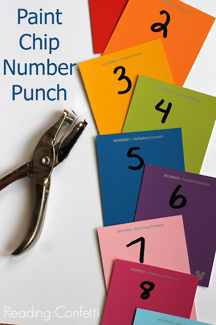 Work on number recognition, counting, and hand strength with this simple activity for kids using paint chips and a paper punch