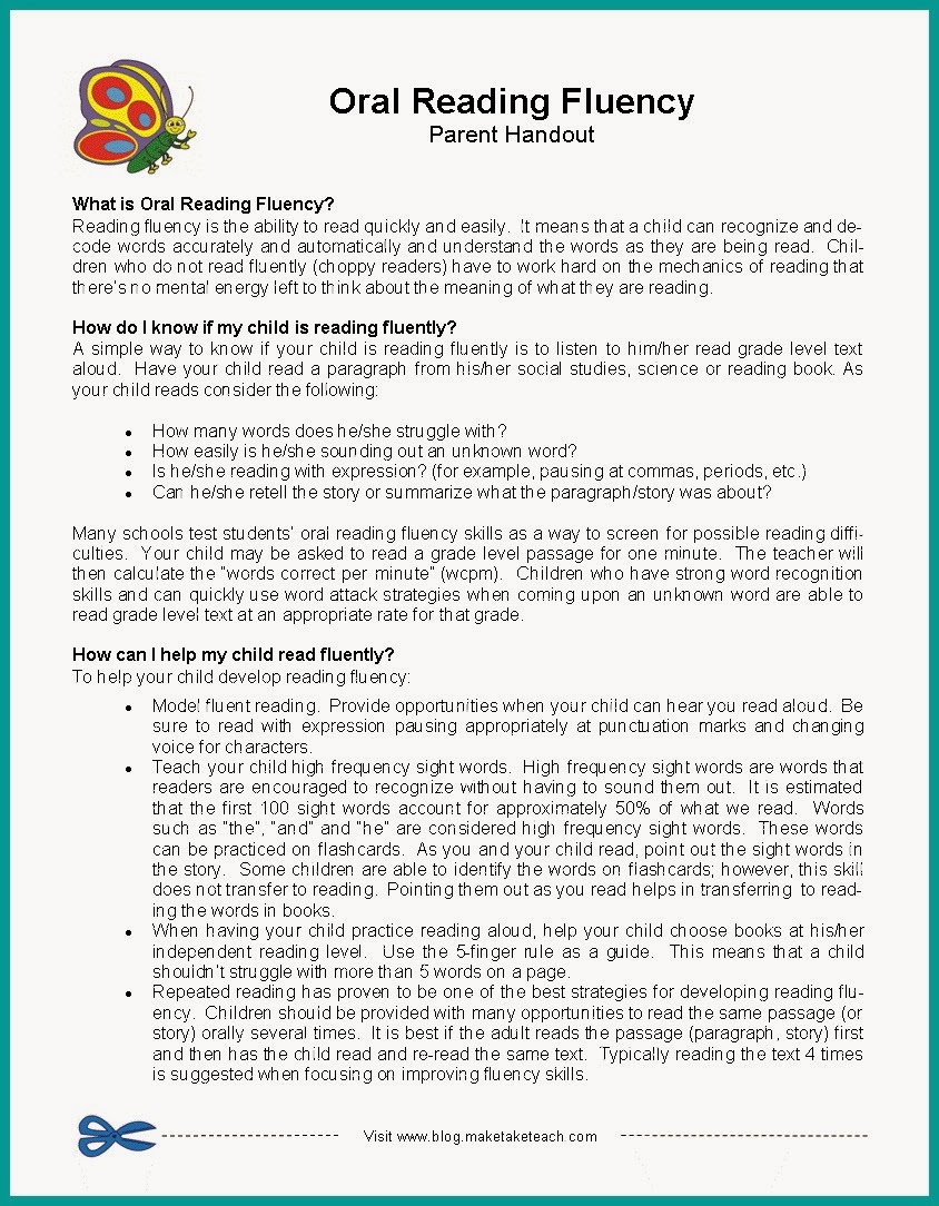 Classroom Freebies Parent Handout Improving Oral Reading Fluency