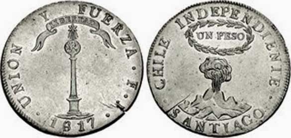 1817, 1 peso de plata. Primera moneda en Chile