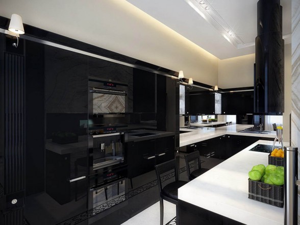 black kitchen with white counter top