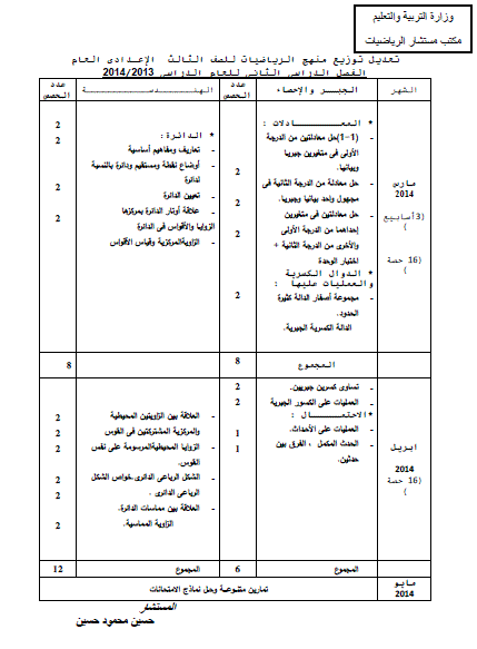 توزيع منهج الرياضيات للصف الثالث الاعدادى الترم الثانى 2014 بعد التعديل المنهاج مصر
