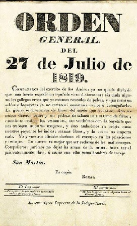 ORDEN GENERAL del General SAN MARTÍN AL EJÉRCITO DE LOS ANDES (27/07/1819)