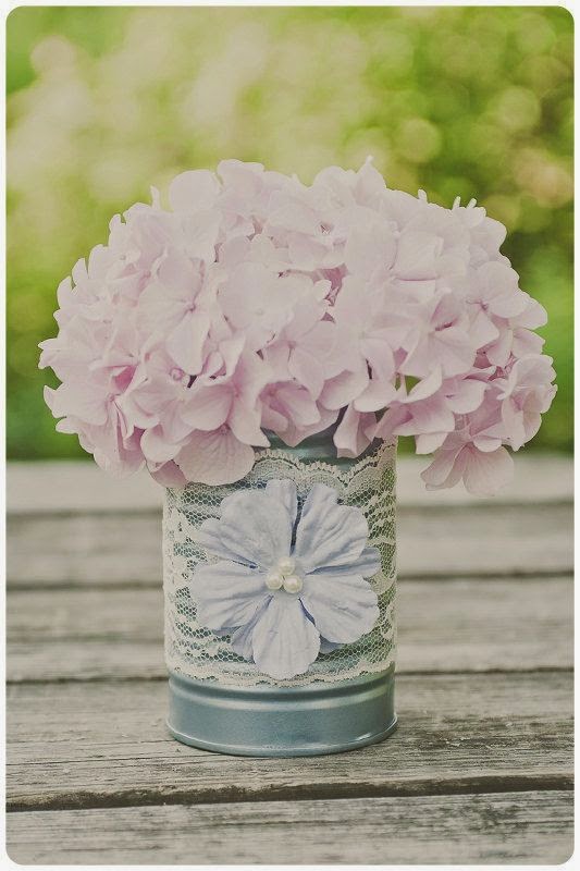 Painted tin can vase. Wedding decor. Ivory lace and light blue. Wedding