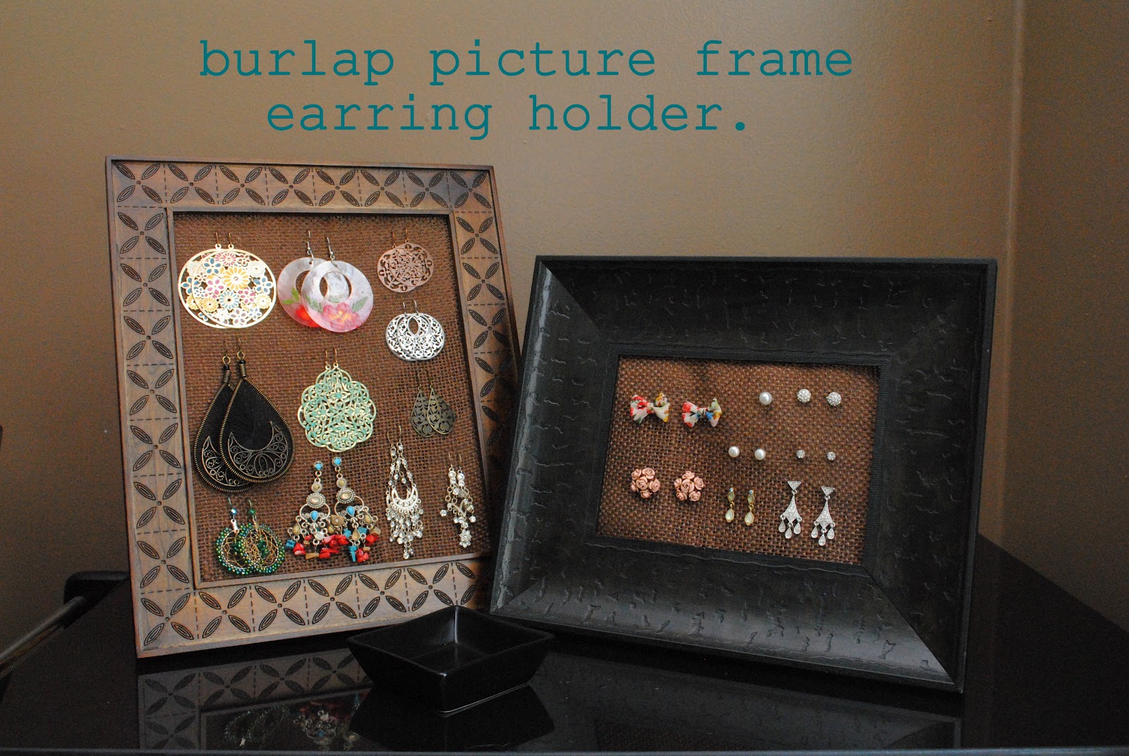 i thought of it second. burlap picture frame earring holder.
