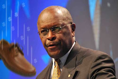 Herman Cain doctored photo with shoe falling in front of him, trailing dollar signs