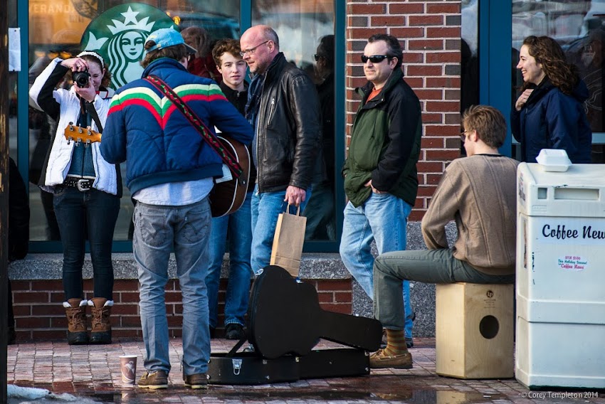 Portland, Maine Winter February 2014 Street Musician Guitarist People Commercial Street in front of Starbucks photo by Corey Templeton