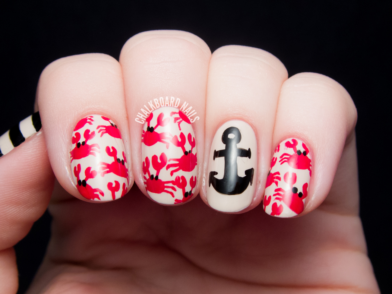 Crab Print And Nautical Mix Chalkboard Nails Nail Art Blog I love the way this miniature crab print turned out, and I'm especially proud that I freehanded the stripes on my thumb. I still struggle with horizontal ... - Crab Print And Nautical Mix Chalkboard Nails Nail Art Blog