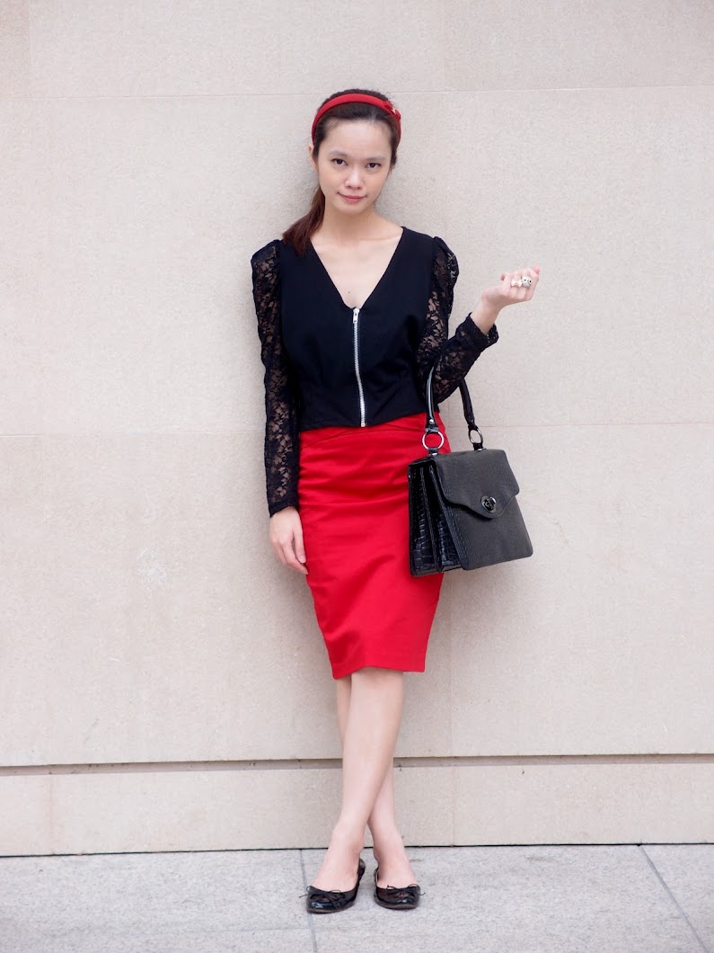 Zip Up Cardigan With Lace Sleeves, Mango Bag, Forever 21 Red Skirt, Zara Flats