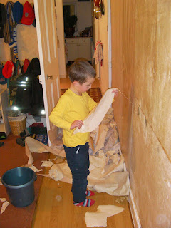 boy stripping wallpaper home redecoration