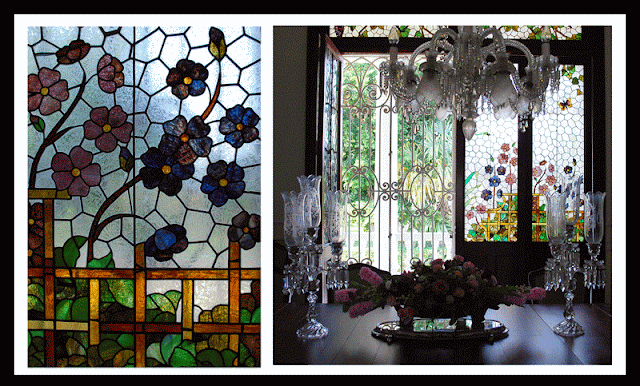Merida Mexico Casa Museo Montes Molina Murano glass chandelier and custom Tiffany glass french doors