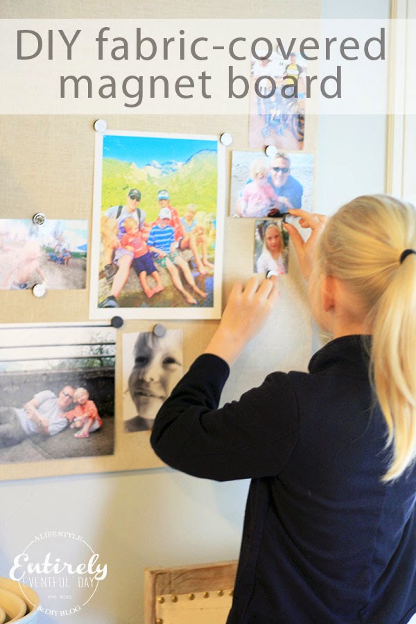 DIY Fabric Covered Magnet Board for displaying family photos! Kids love seeing pictures of themselves.