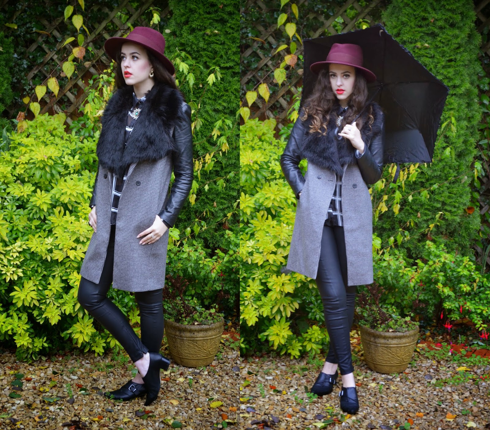 Arabella Dogtooth Coat with Leather Sleeves / Plum Fedora / Checked Shirt