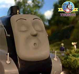 Standing on the grass meadow Thomas the train speedy Spencer the tank engine closed his eyes lazily