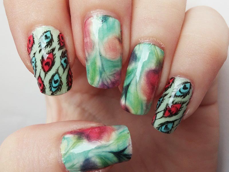 BPS Water And Stamping Decals Pastel Green Blue Coral Flowers Feathers Nails Nail Art Design Manicure