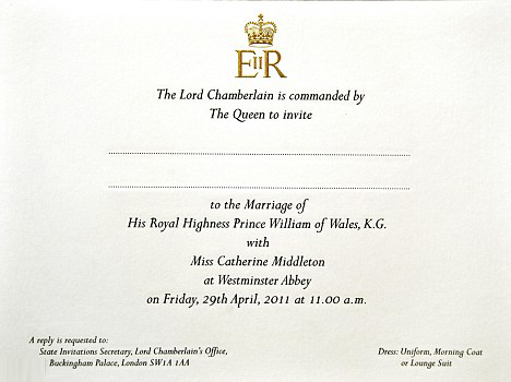 william and kate wedding invite. prince william kate middleton