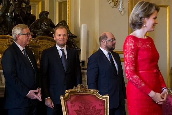 Belgian Foreign Minister Didier Reynders, European Commision President Jean-Claude Juncker, European Council President Donald Tusk, European Parliament President Martin Schulz, Queen Mathilde of Belgium and King Philippe of Belgium and Archbishop Alain Paul Lebeaupin 