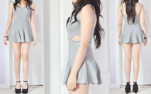 Dresslink Fashion Review: Striped Cutout Dress A cute summer/spring outfit featuring Dresslink's striped cutout pleated flared dress and black wedge-heel pumps.