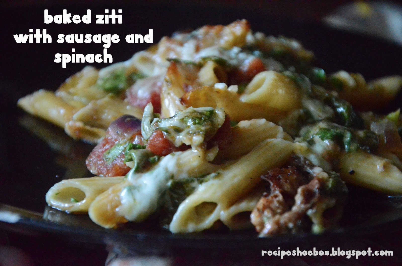 Recipe Shoebox Baked Ziti with Spinach and Sausage