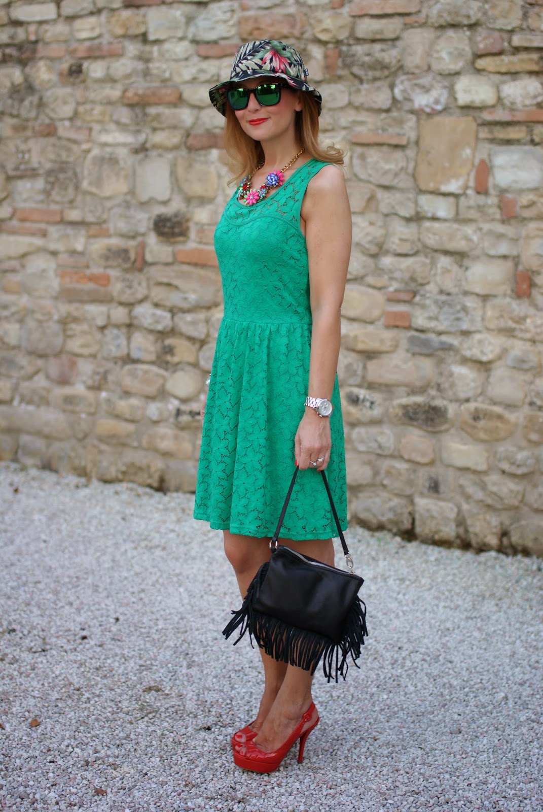 Morgan de toi green lace dress, no brand flowers necklace, fringed bag, tropical bob hat, oakley green sunglasses, Fashion and Cookies, fashion blogger