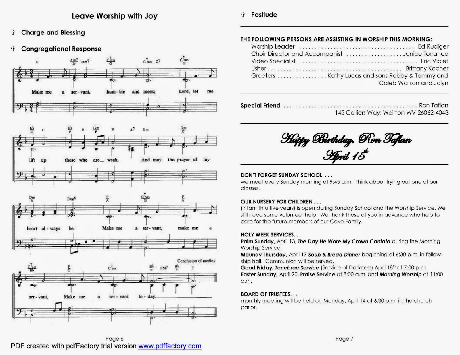 the cove community coves bulletin for sunday april 13 2014 the day he wore my crown sheet music