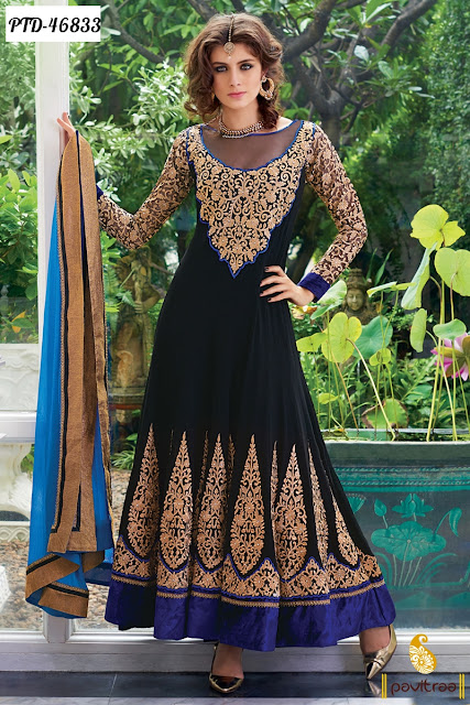 Diwali season special black color chiffon anarkali salwar suit online shopping with discount deals at pavitraa.in