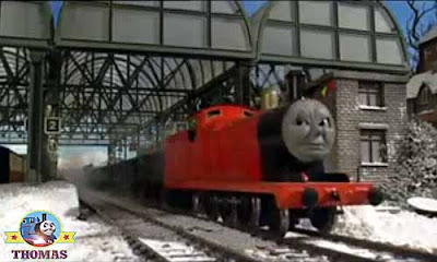 Thomas tank haul the Christmas school kids present train James the red engine in Knapford station