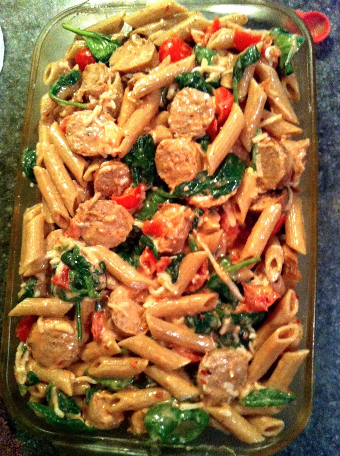 taylor made light pasta bake with chicken sausage, mozzarella, spinach