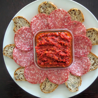 Sun-dried Tomato Spread:  A zesty two-ingredient spread made with pureed sun-dried tomatoes and olive oil.  A great appetizer for a party, a gameday snack, or anytime.