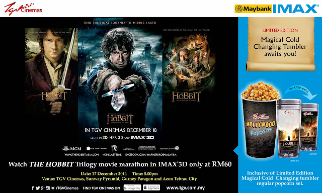 Watch all three of The Hobbit films in an IMAX 3D marathon on 17 December 2014 at select TGV cinemas. Hobbit Trilogy Marathon Malaysia TGV IMAX 3D