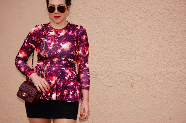 Galaxy peplum top, mini skirt and Chanel burgundy lambskin mini.