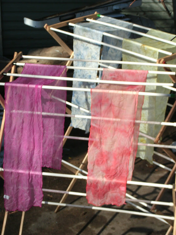 Silk scarves, "green-dye" method, fresh from the dye process