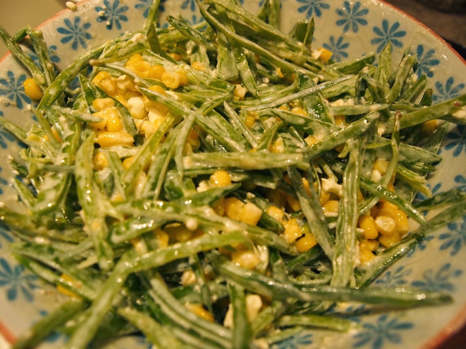bright food snow pea "spaghetti", corn and creamy lemon dressing
