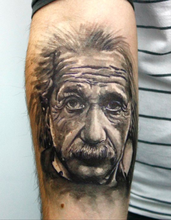 Einstein tattoo on the arm in black and white Published by STD at 834 AM