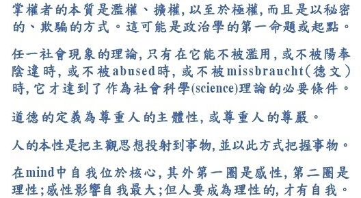 陳立民 Chen Lih Ming (陳哲) 於2013年名片反面所印之自創的五則學術命題：政治學的第一原理、社會科學成立的必要條件、道德的定義、人類原初投射式認識方式、理性感性與自我之關係。