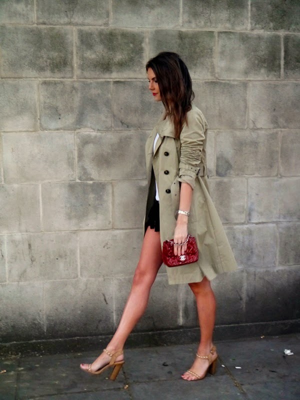 Trench coat, denim shorts & red Chanel bag