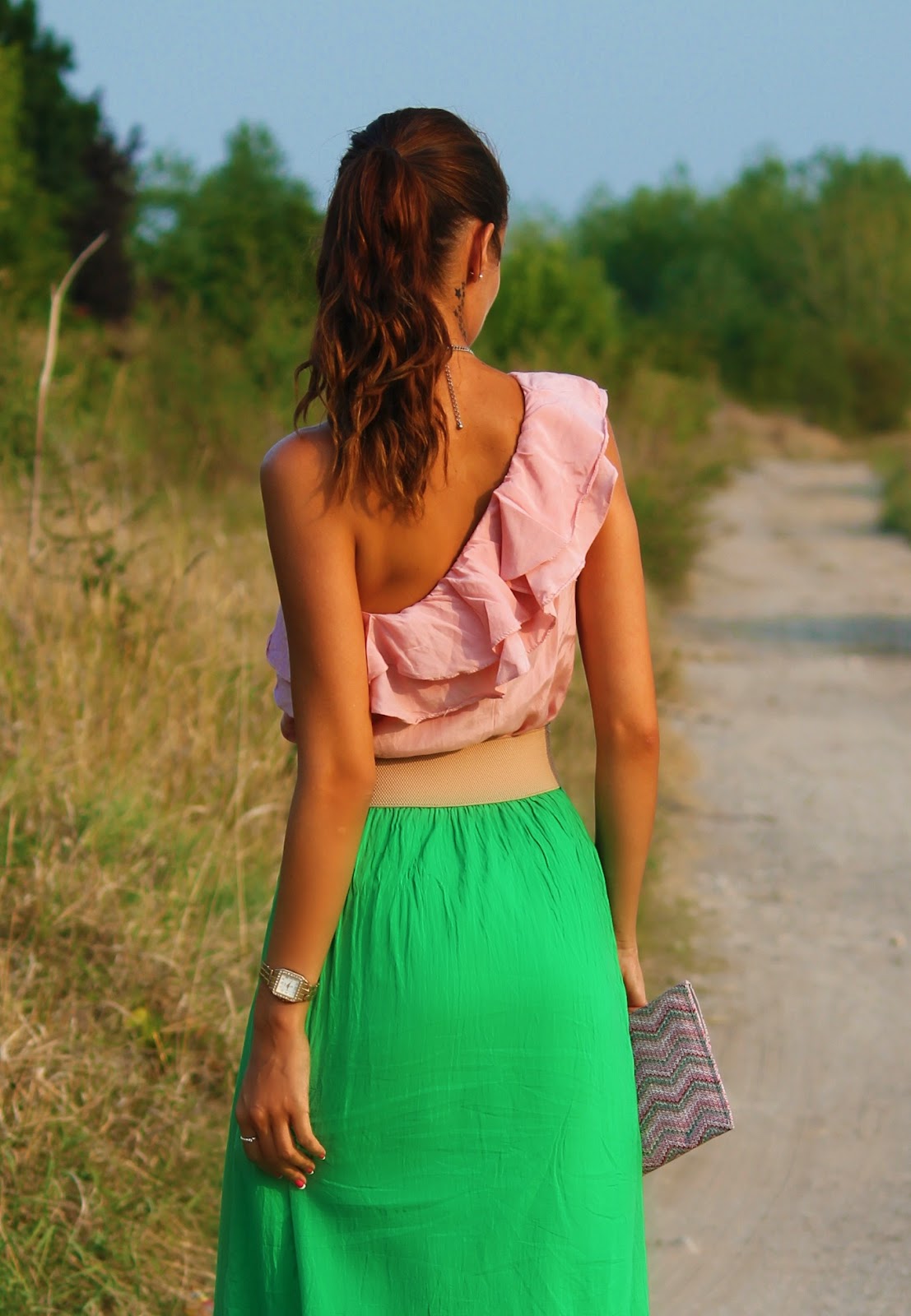 OOTD Maxi green skirt & Ruffle top