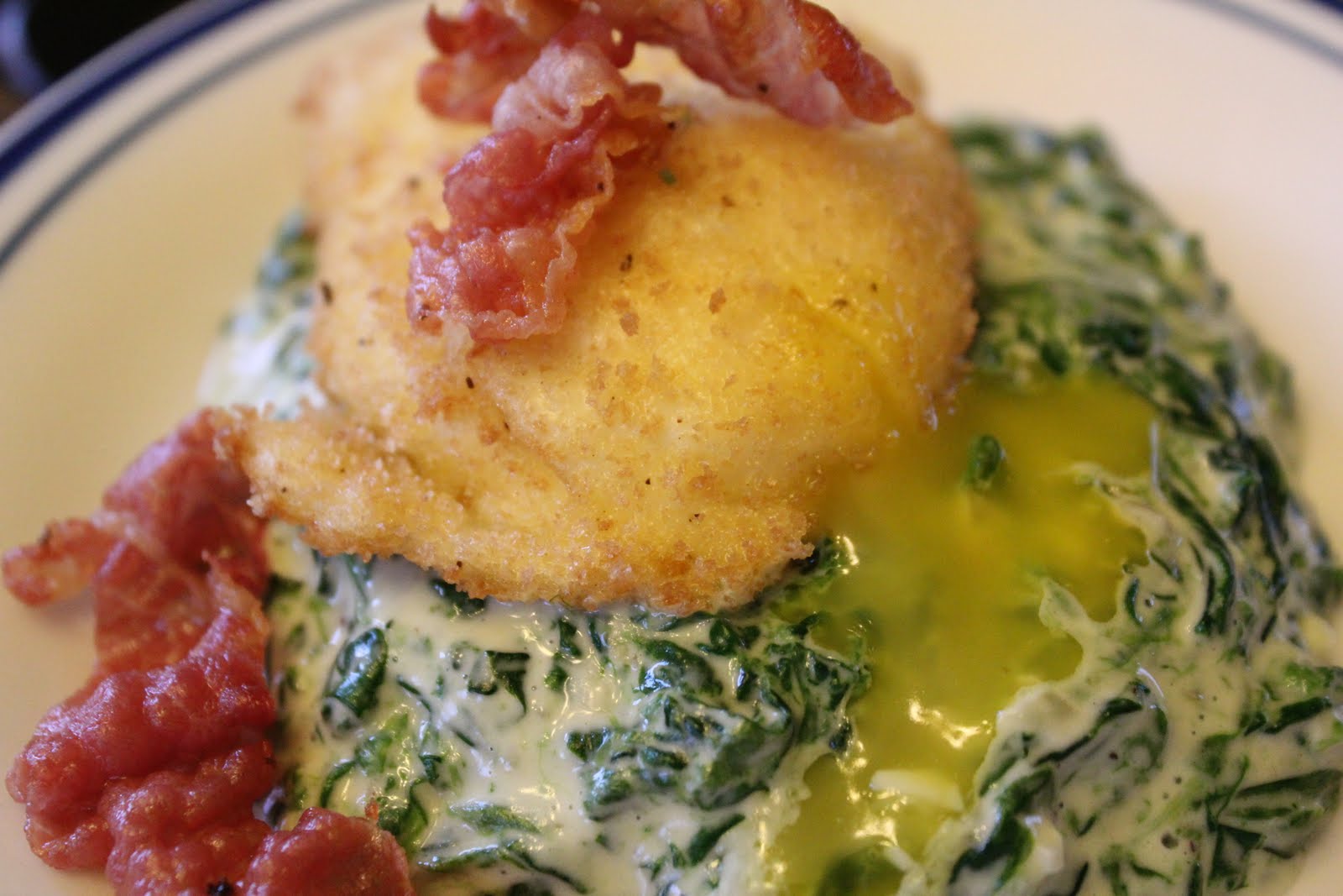 Thyme In Our Kitchen DeepFried Poached Eggs with Creamed Spinach and Crispy Prosciutto