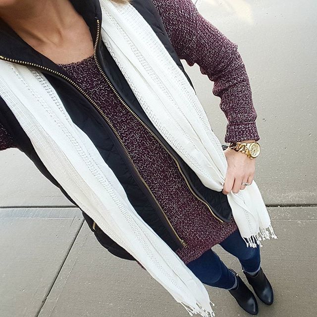 A long marled sweater with skinny jeans, black vest and scarf BP. Sweater - only $23, regular $38! (also in more colors) // Old Navy Vest (this year's version) // Joe's Jeans // Forever 21 Scarf (similar on sale for $5, regular $11) // Jessica Simpson Addey Booties - 45% off! // Michael Kors Watch (similar for $16)