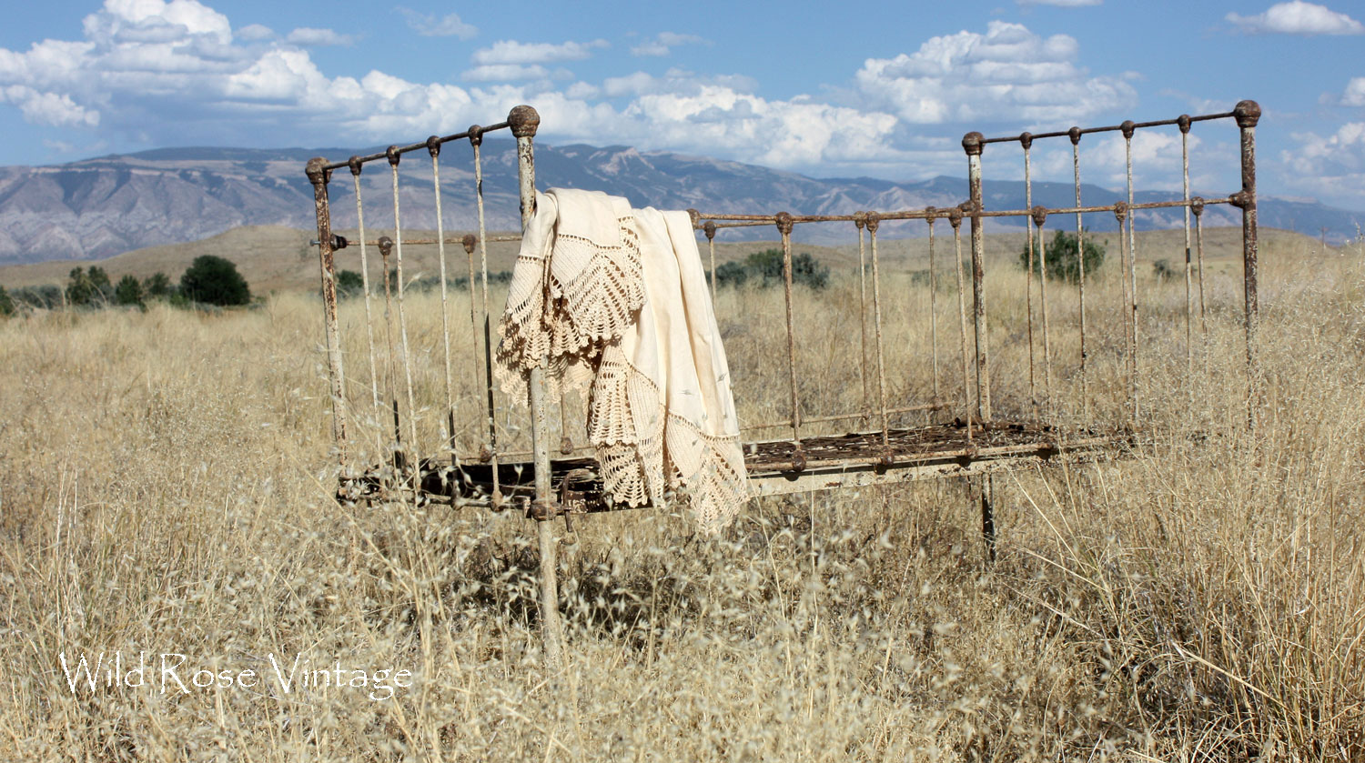 Wild Rose Vintage Old Wrought Iron Chippy White Baby Bed