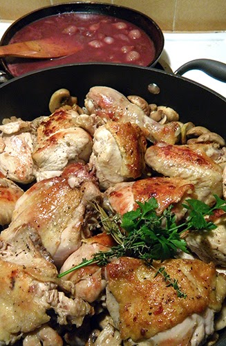 Chicken, Mushrooms & Bouquet Garni in One Skillet, Onions and Wine in Another